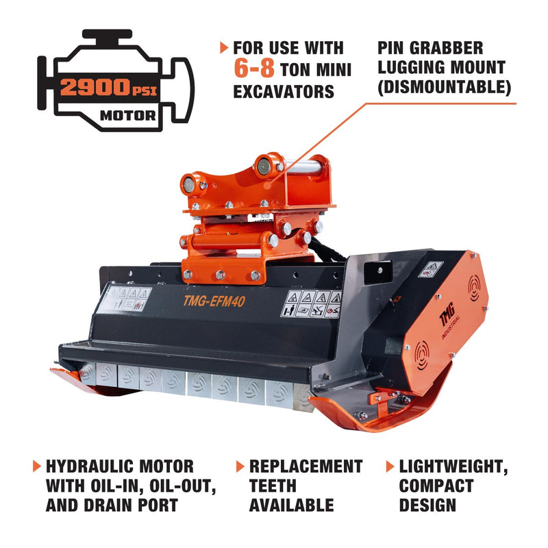 TMG Industrial 40" Excavator Brush Flail Mower, 6 to 8-ton Carrier, 16-21 GPM, TMG-EFM40