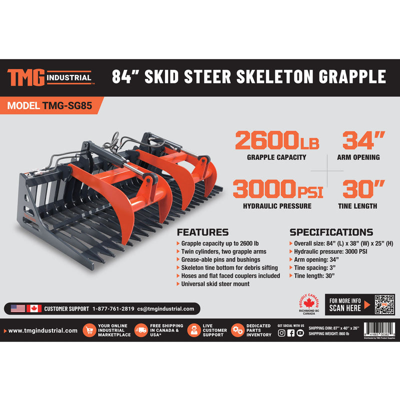 TMG Industrial 84” Skid Steer Skeleton Grapple Attachment, Universal Mount, 34” Arm Opening, 3” Tine Spacing, 2600 lb Weight Capacity, TMG-SG85