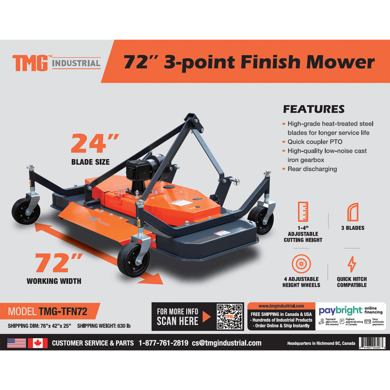 TMG Industrial 72” Tow-Behind 3-Point Hitch Finish Mower, 30-50 HP Compact Tractor, PTO Drive Shaft Included, TMG-TFN72